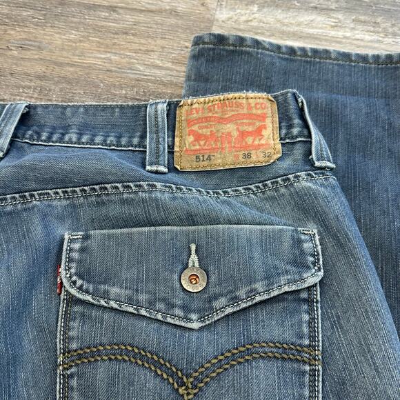 Levis 514 Jeans Red Tab Flap Pockets Blue Mens 38x31 Bootcut Mid Wash Denim - Picture 3 of 13